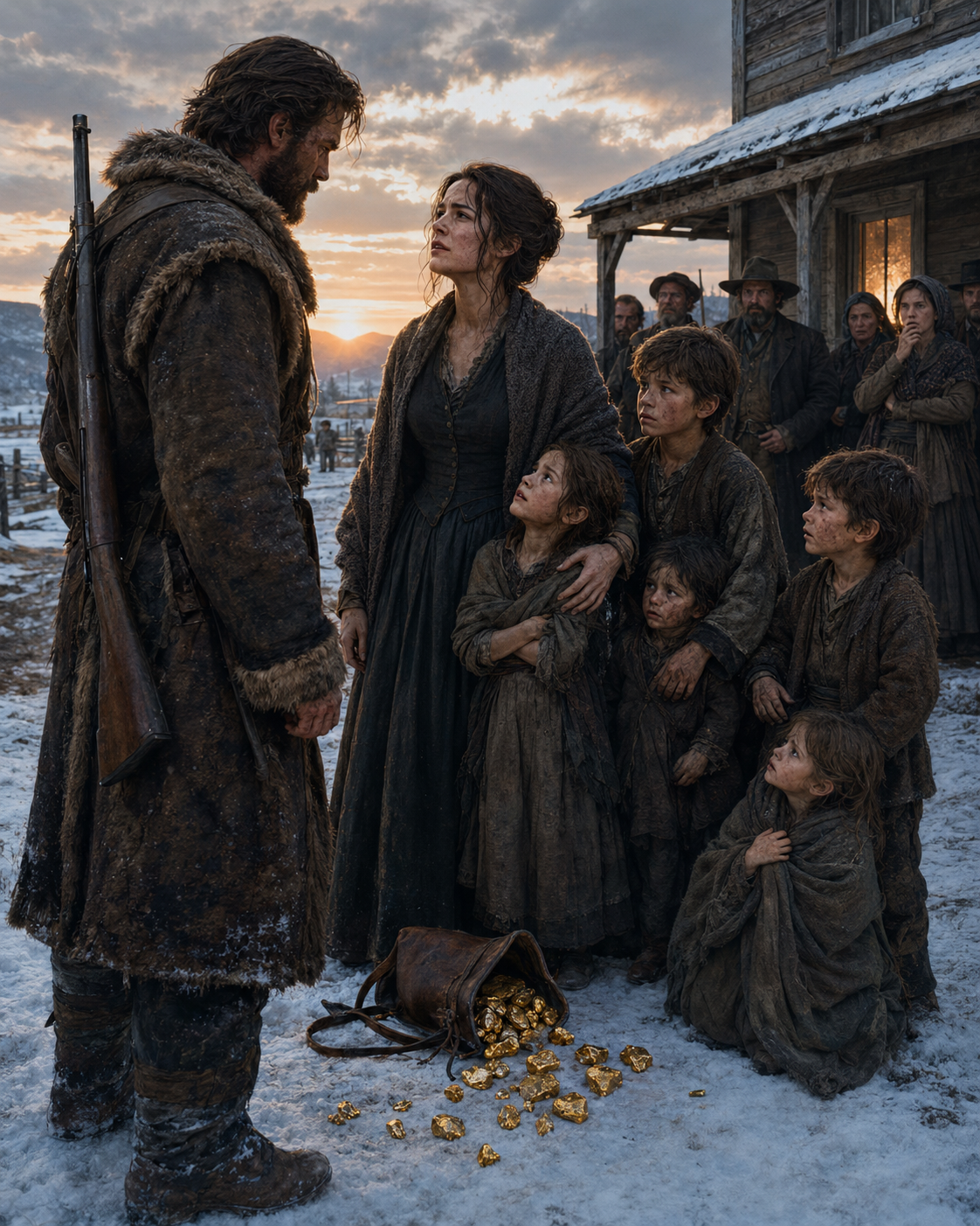 THEY CALLED HER A BARREN WIDOW AND SAID SHE’D DIE ALONE—then a mountain man rolled into town with FIVE starving children, dumped a pouch of GOLD at her feet, and asked the one question that made every cruel neighbor go silent…