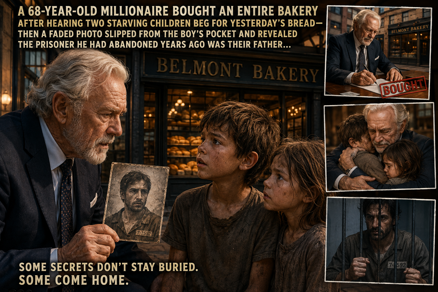 A 68-YEAR-OLD MILLIONAIRE BOUGHT AN ENTIRE BAKERY AFTER HEARING TWO STARVING CHILDREN BEG FOR YESTERDAY’S BREAD—then a faded photo slipped from the boy’s pocket and revealed the prisoner he had abandoned years ago was THEIR FATHER…
