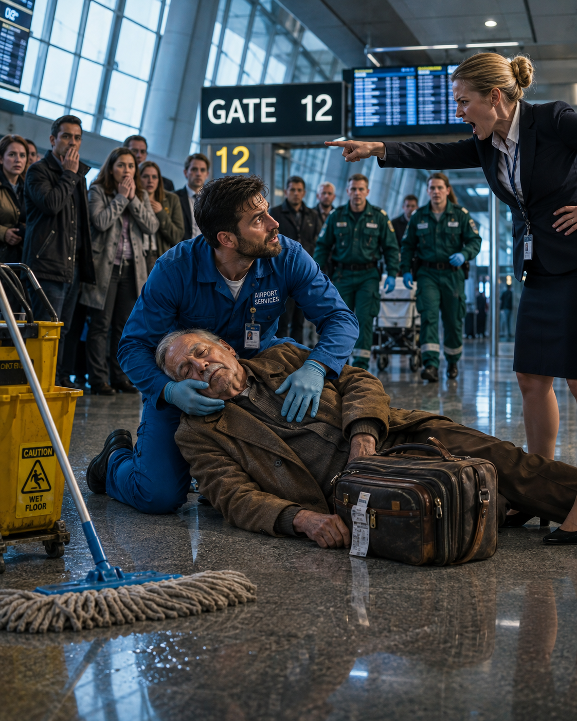 THE AIRPORT JANITOR WAS FIRED FOR HELPING AN OLD MAN WHO COLLAPSED AT GATE 12—then the “helpless stranger” sat up, made ONE phone call, and ordered the entire airport board to appear immediately…