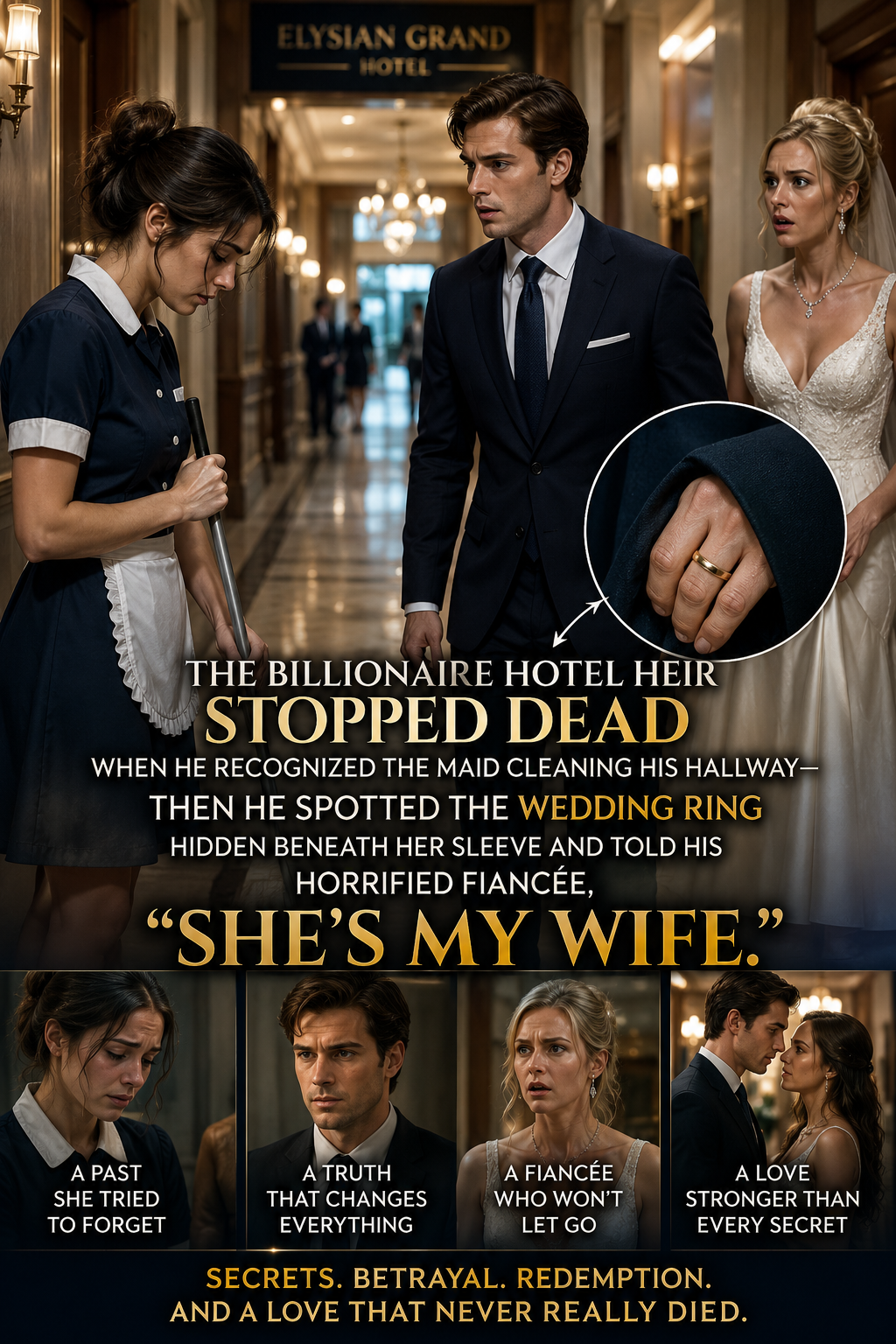 THE BILLIONAIRE HOTEL HEIR STOPPED DEAD when he recognized the maid cleaning his hallway—then he spotted the wedding ring hidden beneath her sleeve and told his horrified fiancée, “She’s my wife.”