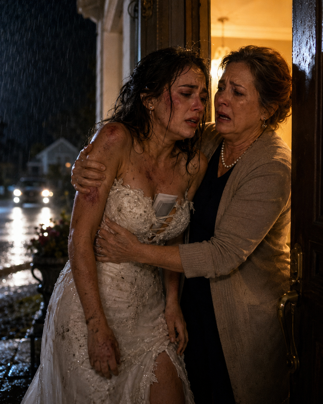 ON MY WEDDING NIGHT, I SHOWED UP AT MY PARENTS’ DOOR IN A TORN DRESS COVERED IN BRUISES—then my mother found the unsigned condo papers hidden against my body and made ONE phone call that brought my father home...