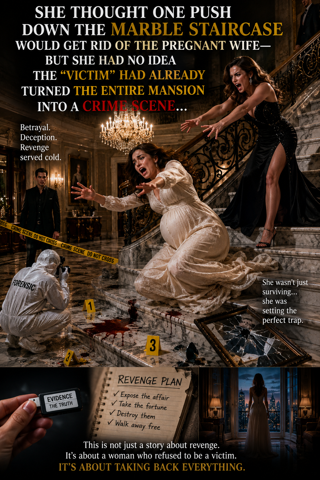 SHE THOUGHT ONE PUSH DOWN THE MARBLE STAIRCASE WOULD GET RID OF THE PREGNANT WIFE—BUT SHE HAD NO IDEA THE “VICTIM” HAD ALREADY TURNED THE ENTIRE MANSION INTO A CRIME SCENE…