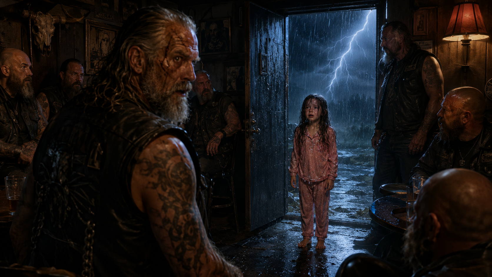 A barefoot six-year-old walked into a biker bar during a thunderstorm and whispered, “They’re hurting my mom”—but when she said her name was Lily, the most feared man in the room suddenly went pale…