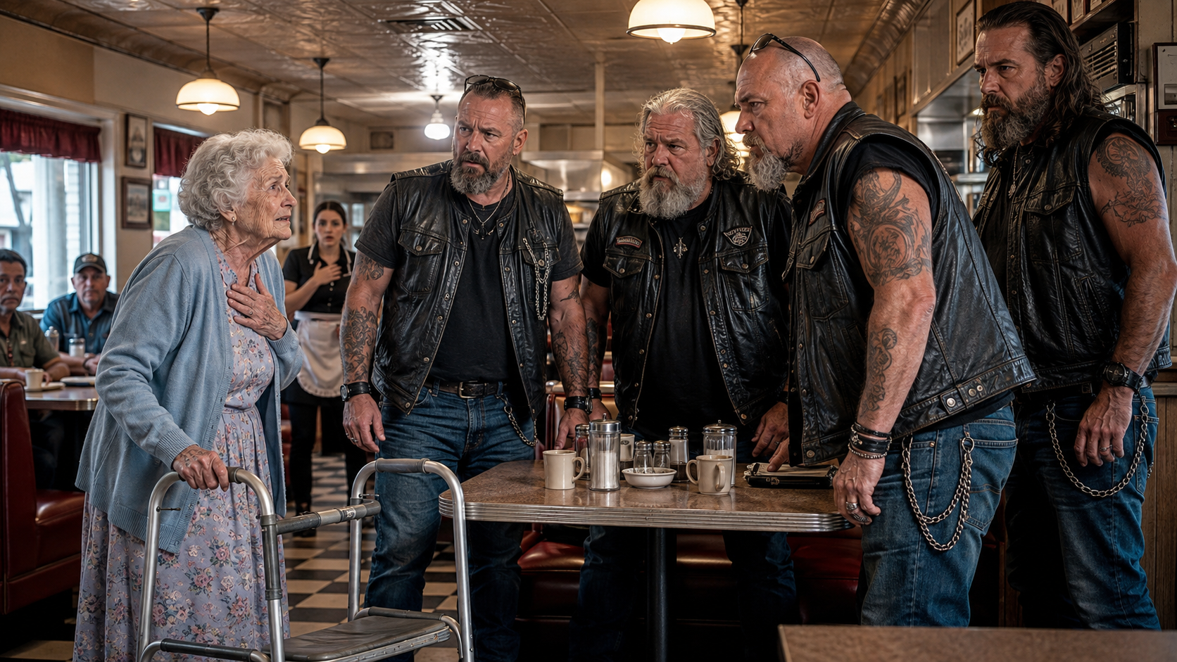 An elderly widow walked up to four feared bikers in a roadside diner and whispered, “Would you pretend to be my sons?”—but when she revealed why, every man at the table immediately stood up.