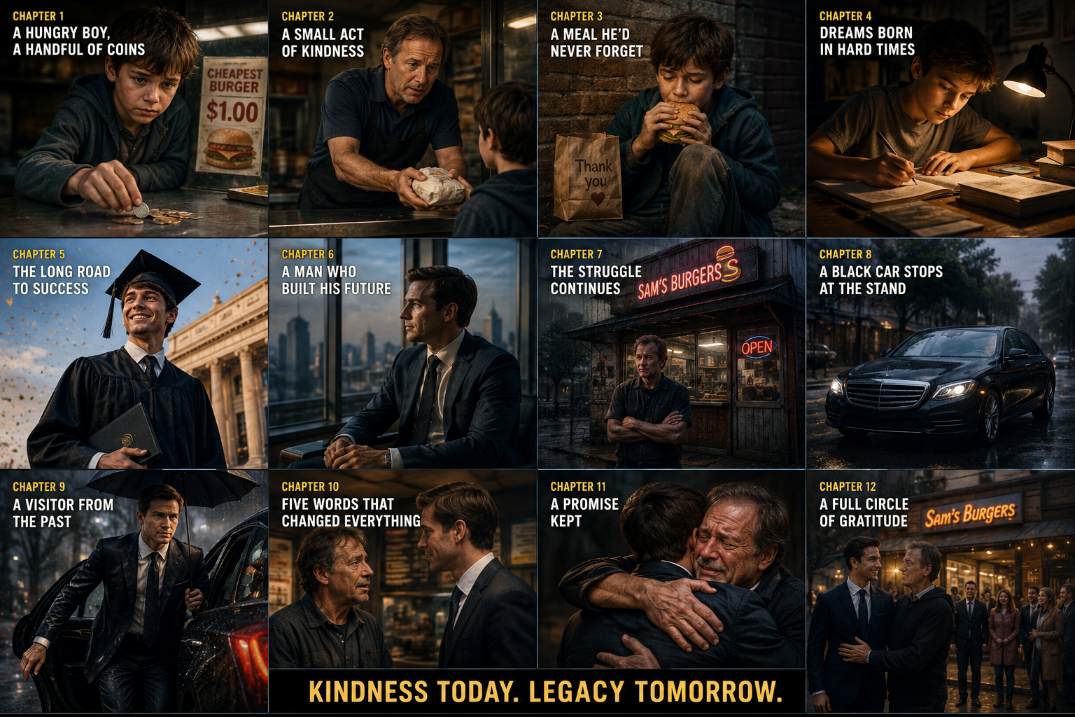 A starving boy tried to buy the cheapest burger with a handful of coins—years later, a black luxury car stopped outside the struggling stand, and the man who stepped out said five words Sam never expected to hear…