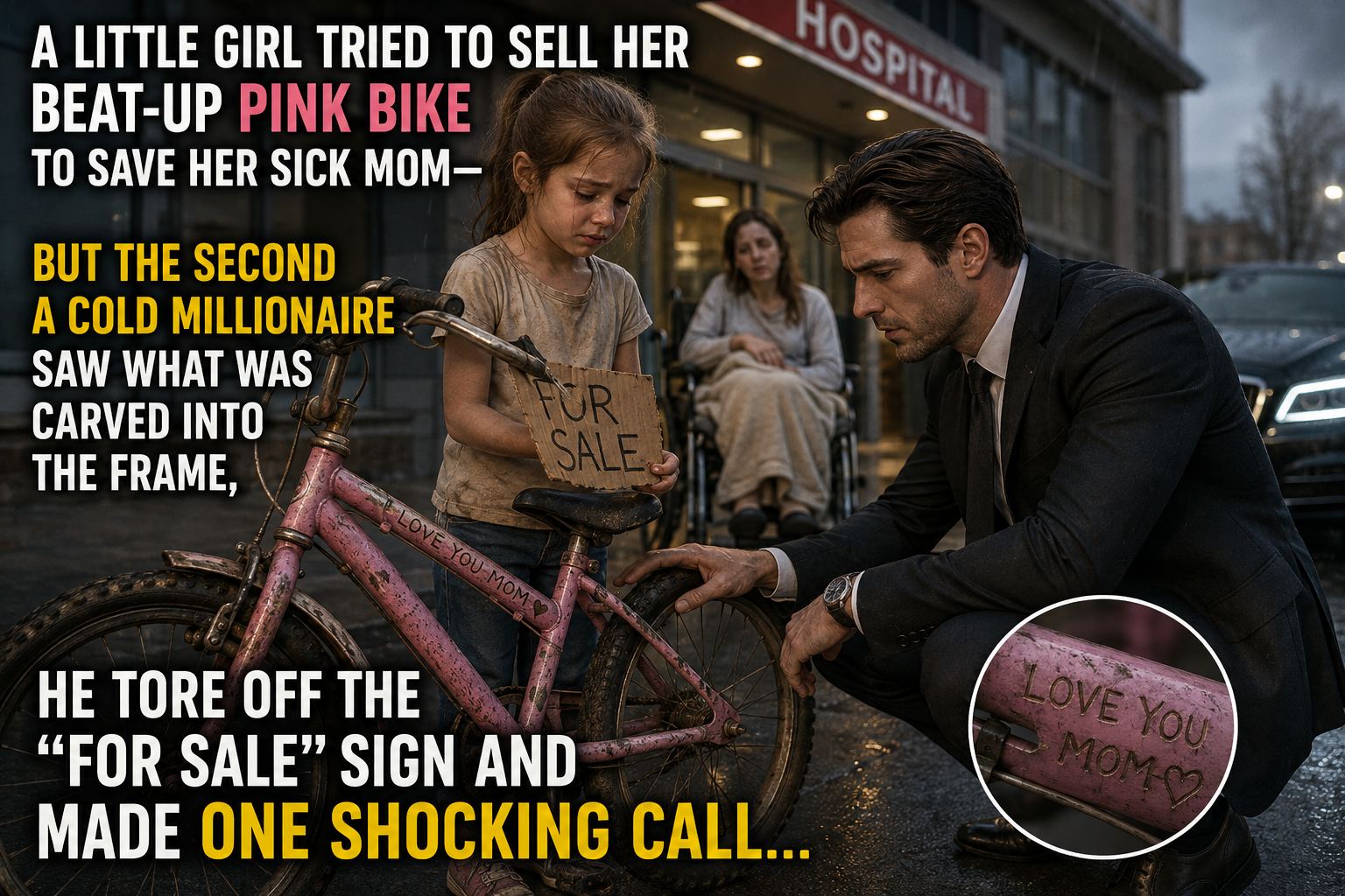 A LITTLE GIRL TRIED TO SELL HER BEAT-UP PINK BIKE TO SAVE HER SICK MOM—BUT THE SECOND A COLD MILLIONAIRE SAW WHAT WAS CARVED INTO THE FRAME, HE TORE OFF THE “FOR SALE” SIGN AND MADE ONE SHOCKING CALL…