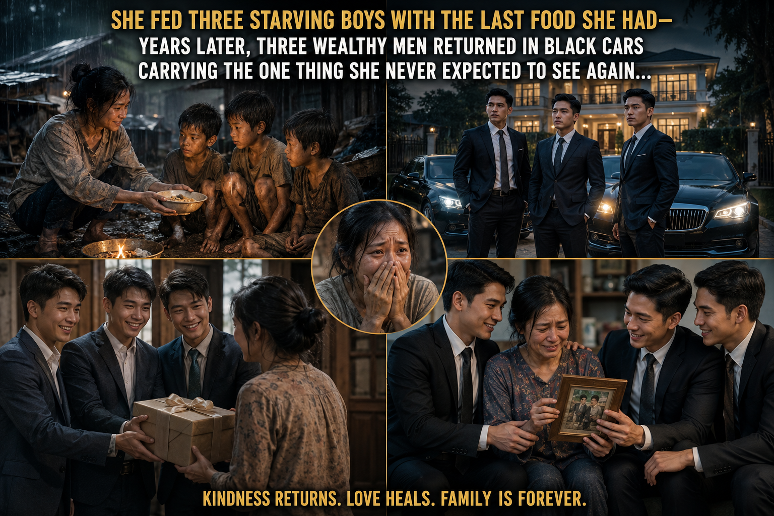 She fed three starving boys with the last food she had—years later, three wealthy men returned in black cars carrying the one thing she never expected to see again…