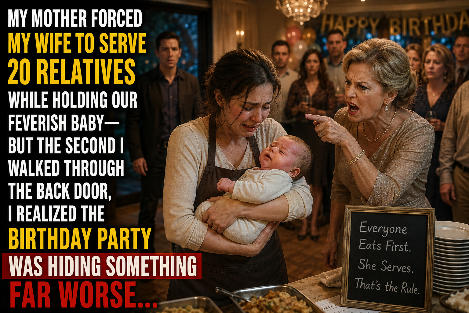 MY MOTHER FORCED MY WIFE TO SERVE 20 RELATIVES WHILE HOLDING OUR FEVERISH BABY—BUT THE SECOND I WALKED THROUGH THE BACK DOOR, I REALIZED THE BIRTHDAY PARTY WAS HIDING SOMETHING FAR WORSE…