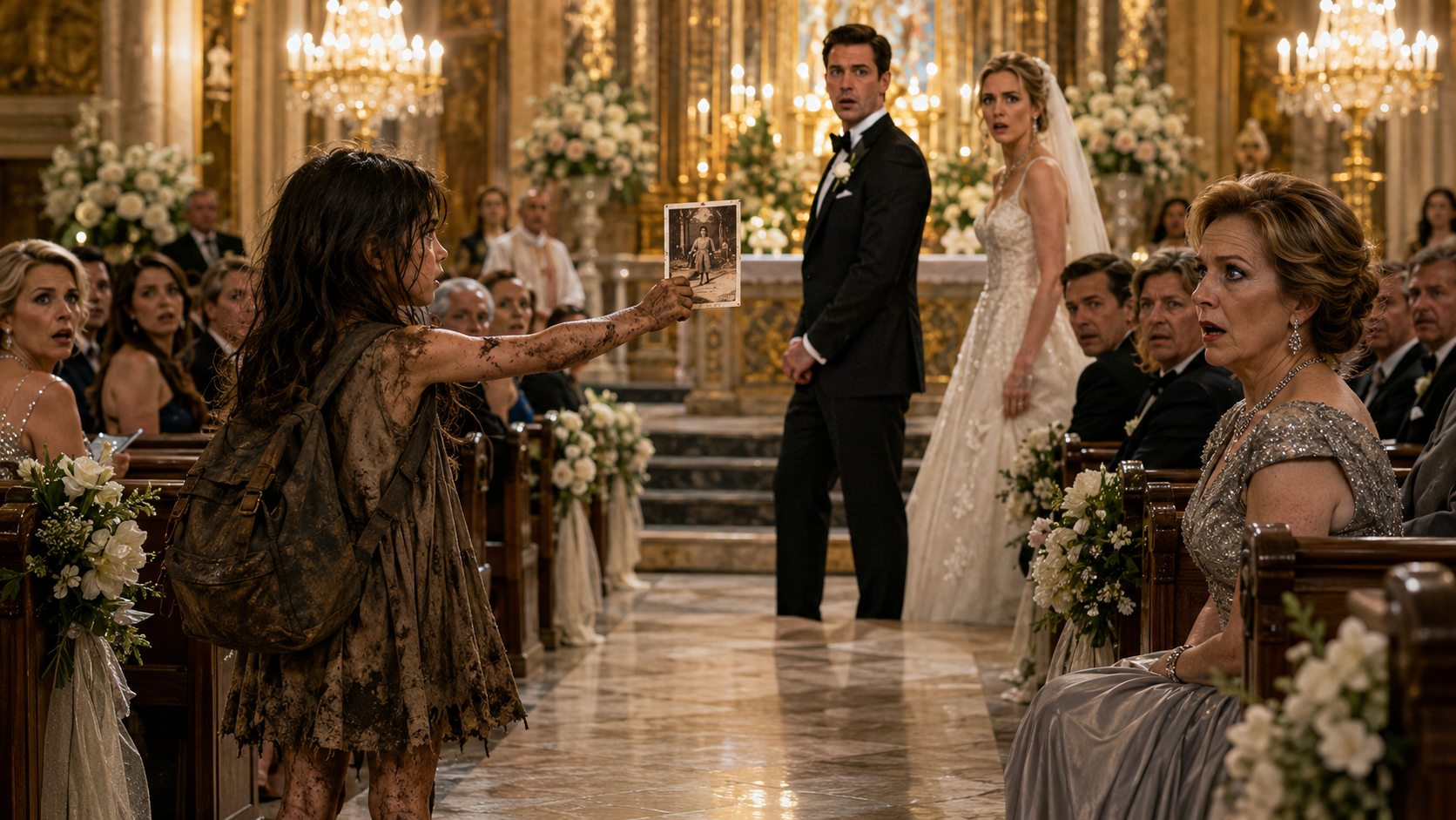 A MUD-COVERED 9-YEAR-OLD GIRL STOPPED A LUXURY WEDDING WITH TWO WORDS—then pulled one photo from her backpack that made the groom’s mother turn ghost-white…