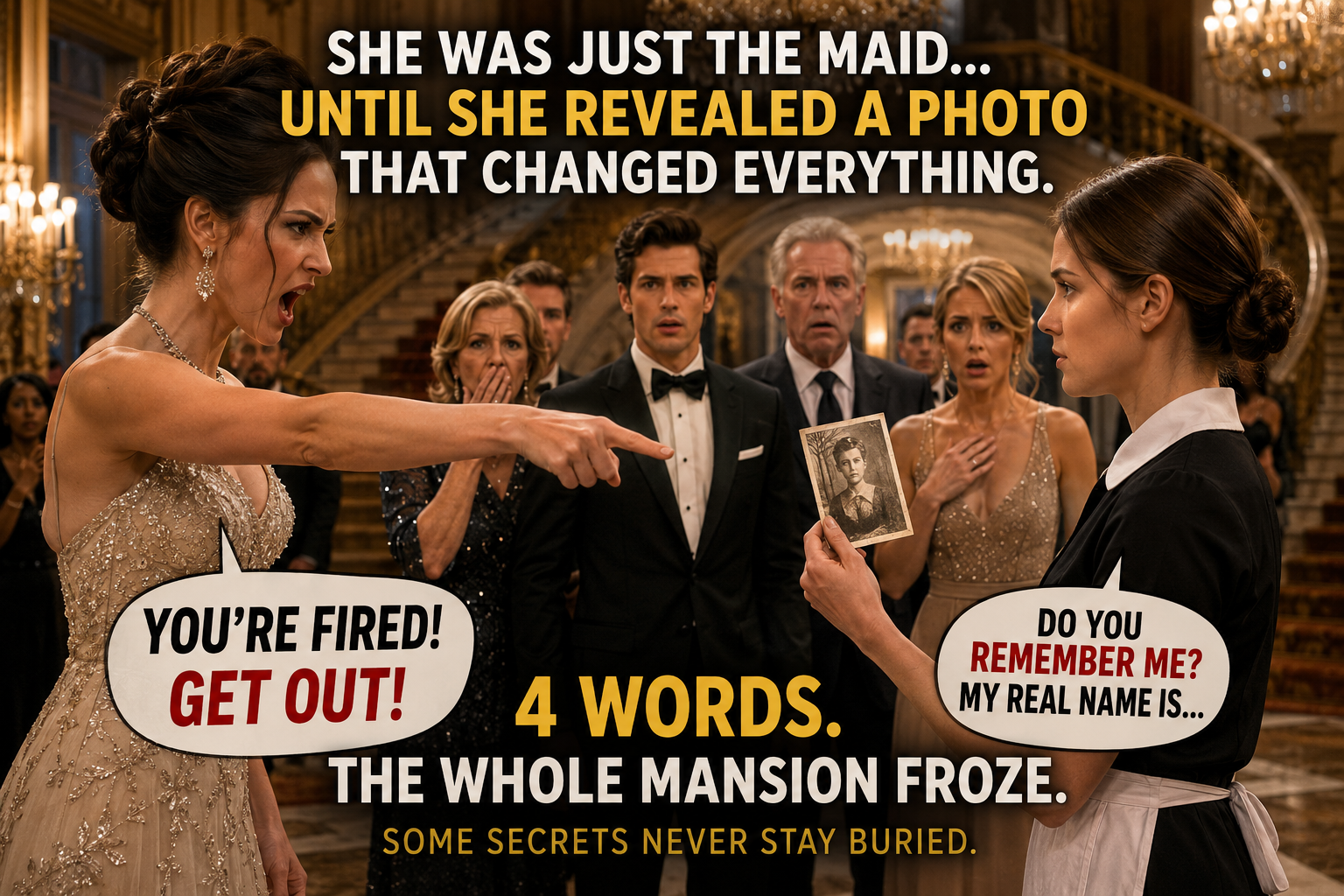 A billionaire’s fiancée tried to fire the quiet housekeeper in front of everyone—but seconds later, the maid pulled out an old photograph and whispered four words that left the entire mansion frozen…