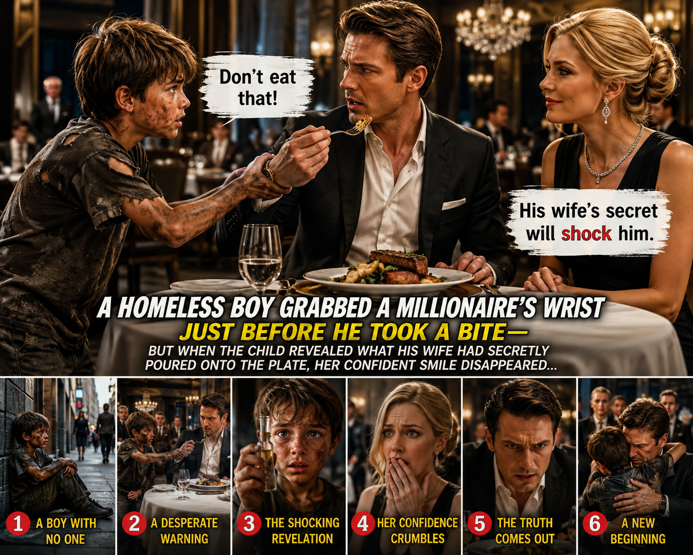 A homeless boy grabbed a millionaire’s wrist just before he took a bite—but when the child revealed what his wife had secretly poured onto the plate, her confident smile disappeared…