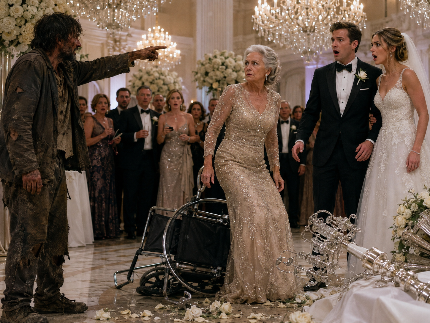 A filthy stranger crashed a millionaire’s wedding and pointed at the groom’s wheelchair-bound mother—but when her chair suddenly tipped over, what she did next left the entire ballroom speechless…