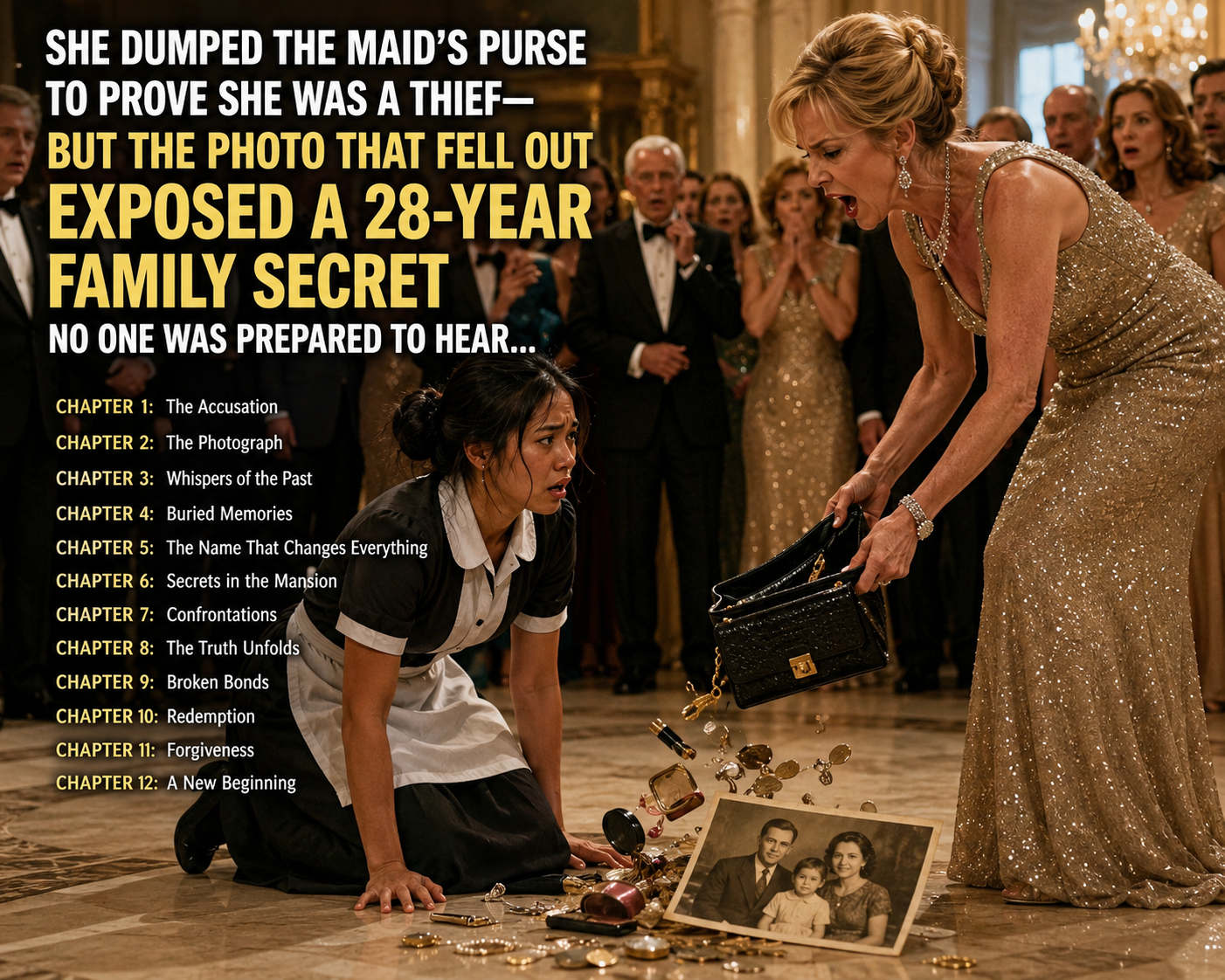 A wealthy woman dumped her maid’s purse onto the ballroom floor to prove she was a thief—but the old photograph that fell out exposed a 28-year family secret no one was prepared to hear…