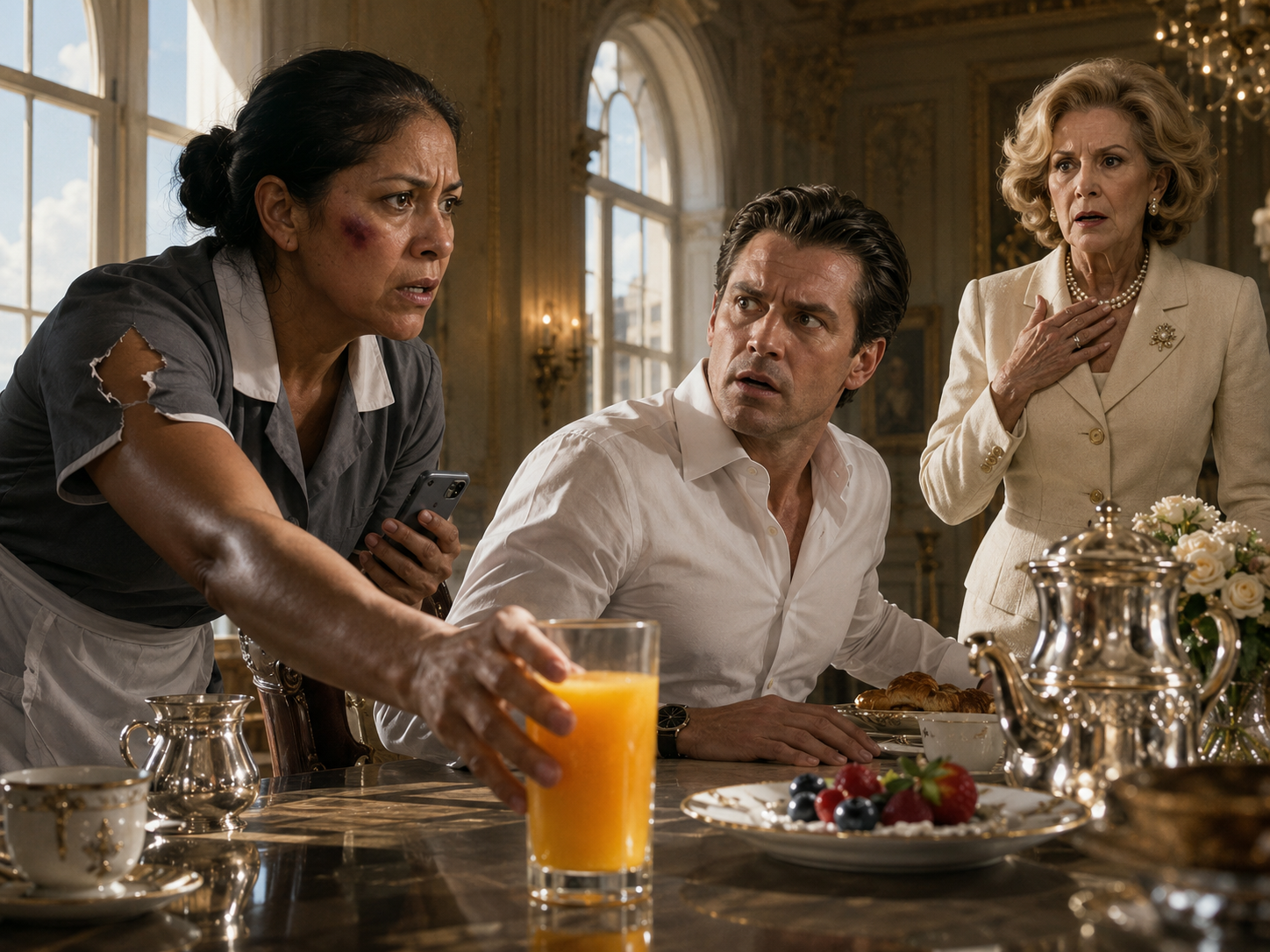 A housekeeper walked into breakfast with a bruised face and whispered, “Don’t drink that”—seconds later, the billionaire saw the video his own mother never expected him to find…