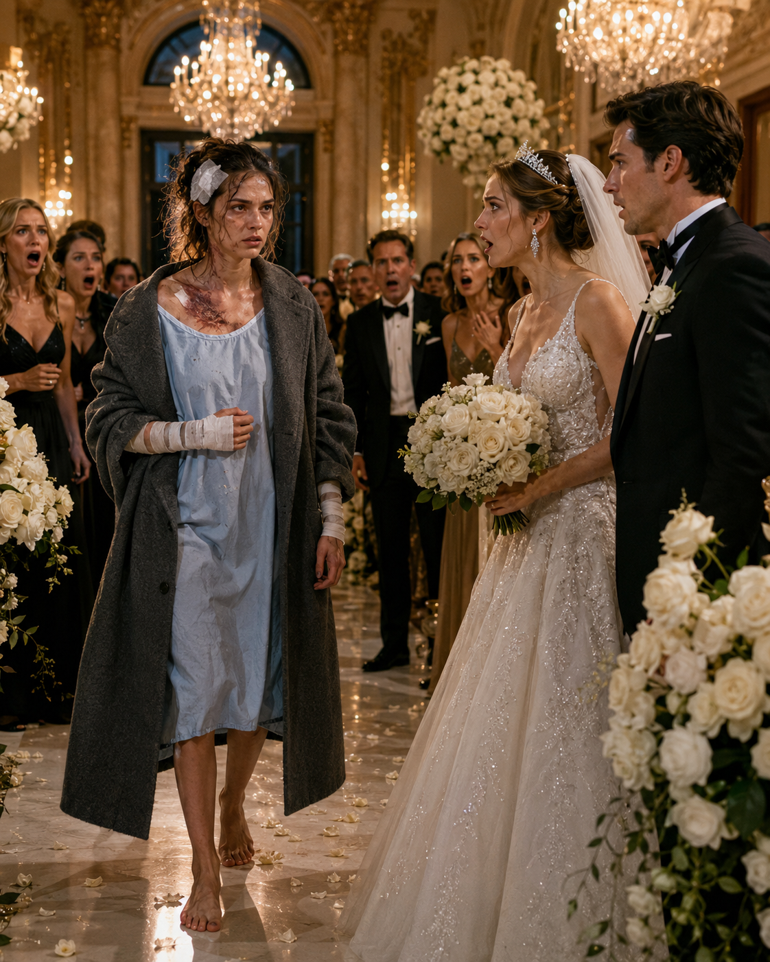 I WALKED INTO MY SISTER’S LUXURY WEDDING COVERED IN BURNS AND HOSPITAL BANDAGES—AND WHEN SHE REALIZED THE WOMAN SHE HAD DECLARED DEAD WAS STANDING IN THE AISLE, HER PERFECT SMILE DISAPPEARED…