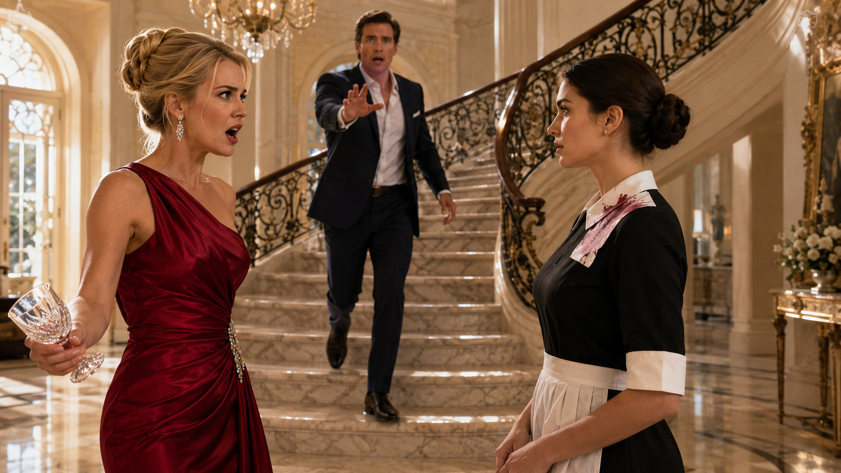 A RICH WOMAN THREW RED WINE IN HER MAID’S FACE AND TOLD HER TO “KNOW HER PLACE”—THEN HER HUSBAND WALKED DOWNSTAIRS, CALLED THE MAID BY NAME, AND REVEALED WHO SHE REALLY WAS…