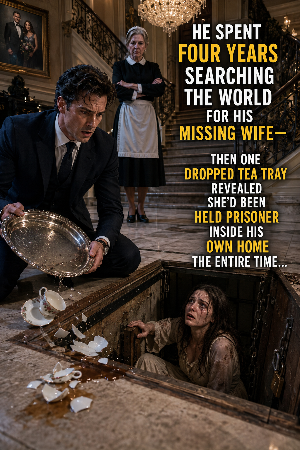 HE SPENT FOUR YEARS SEARCHING THE WORLD FOR HIS MISSING WIFE—THEN ONE DROPPED TEA TRAY REVEALED SHE’D BEEN HELD PRISONER INSIDE HIS OWN HOME THE ENTIRE TIME…