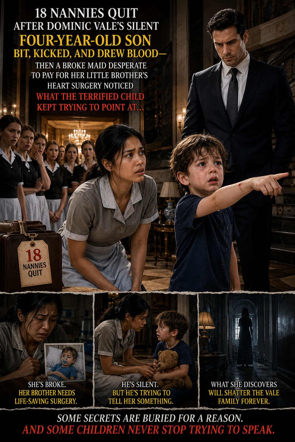 Eighteen nannies quit after Dominic Vale’s silent four-year-old son bit, kicked, and drew blood—then a broke maid desperate to pay for her little brother’s heart surgery noticed what the terrified child kept trying to point at…