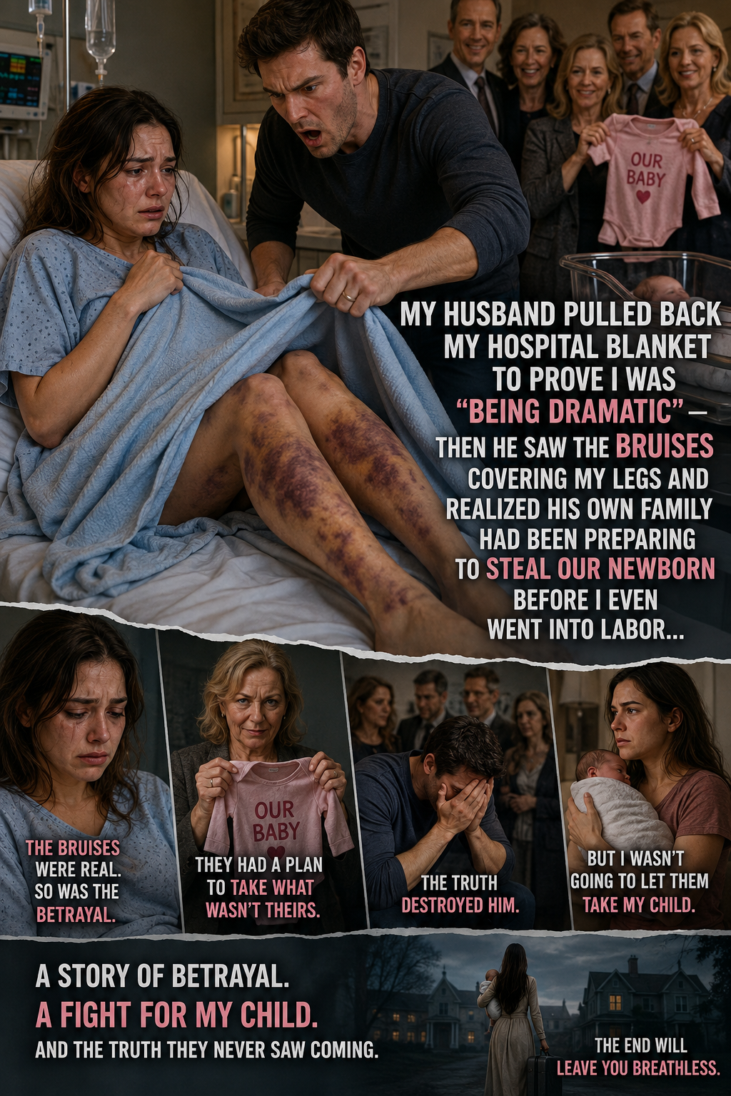 My husband pulled back my hospital blanket to prove I was “being dramatic”—then he saw the bruises covering my legs and realized his own family had been preparing to steal our newborn before I even went into labor…