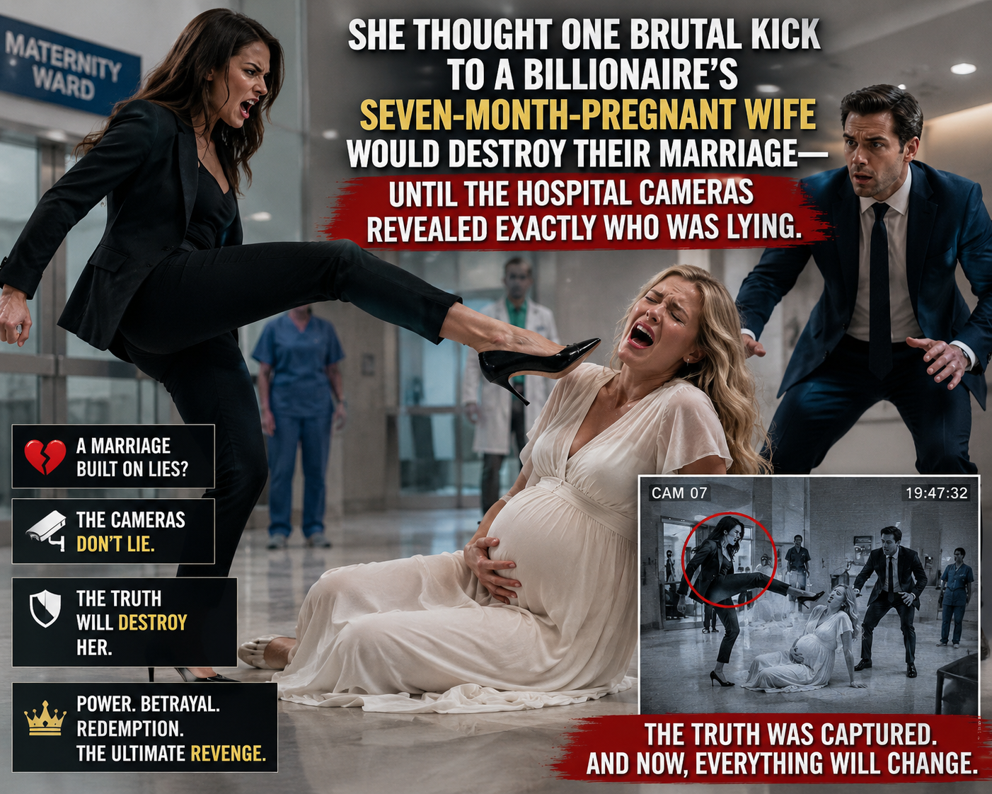 She thought one brutal kick to a billionaire’s seven-month-pregnant wife would destroy their marriage—until the hospital cameras revealed exactly who was lying.