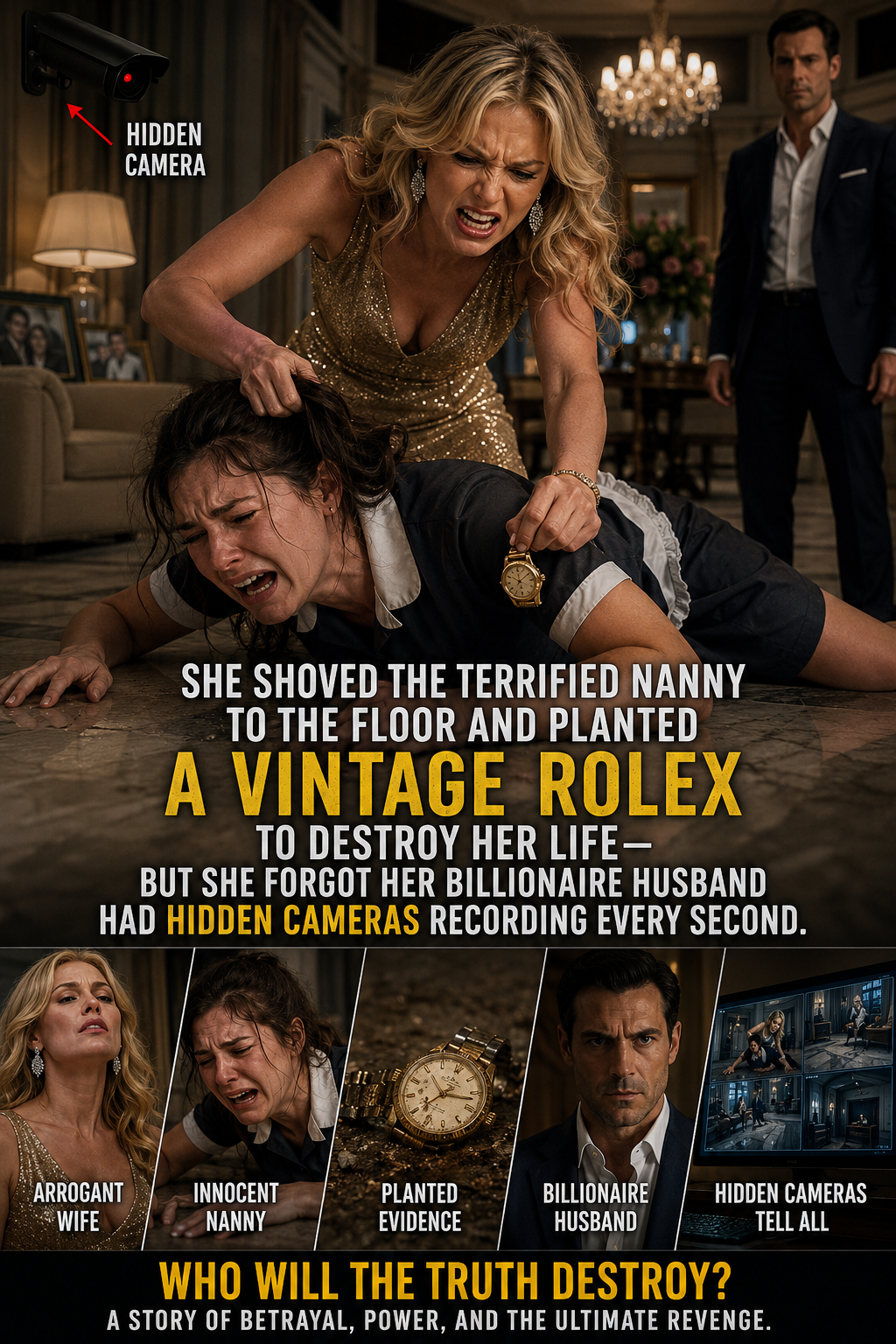 She shoved the terrified nanny to the floor and planted a vintage Rolex to destroy her life—but she forgot her billionaire husband had hidden cameras recording every second.