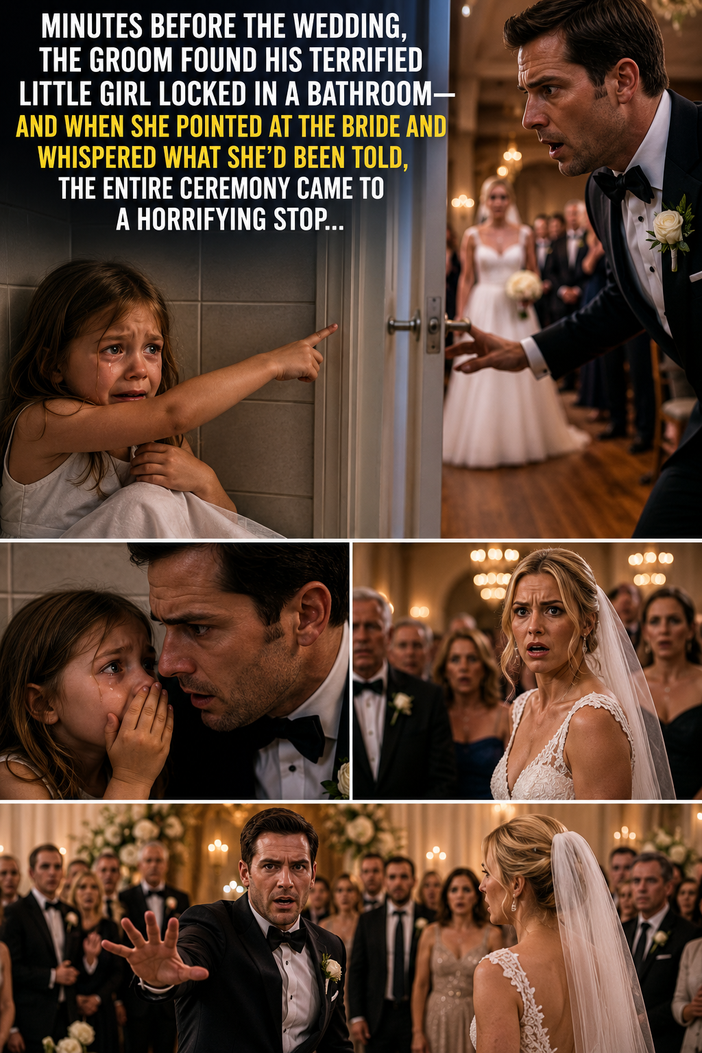 Minutes before the wedding, the groom found his terrified little girl locked in a bathroom—and when she pointed at the bride and whispered what she’d been told, the entire ceremony came to a horrifying stop…