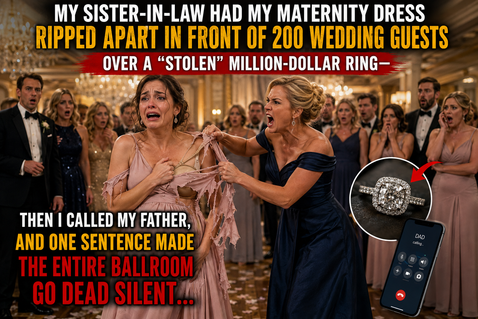 My sister-in-law had my maternity dress ripped apart in front of 200 wedding guests over a “stolen” million-dollar ring—then I called my father, and one sentence made the entire ballroom go dead silent…