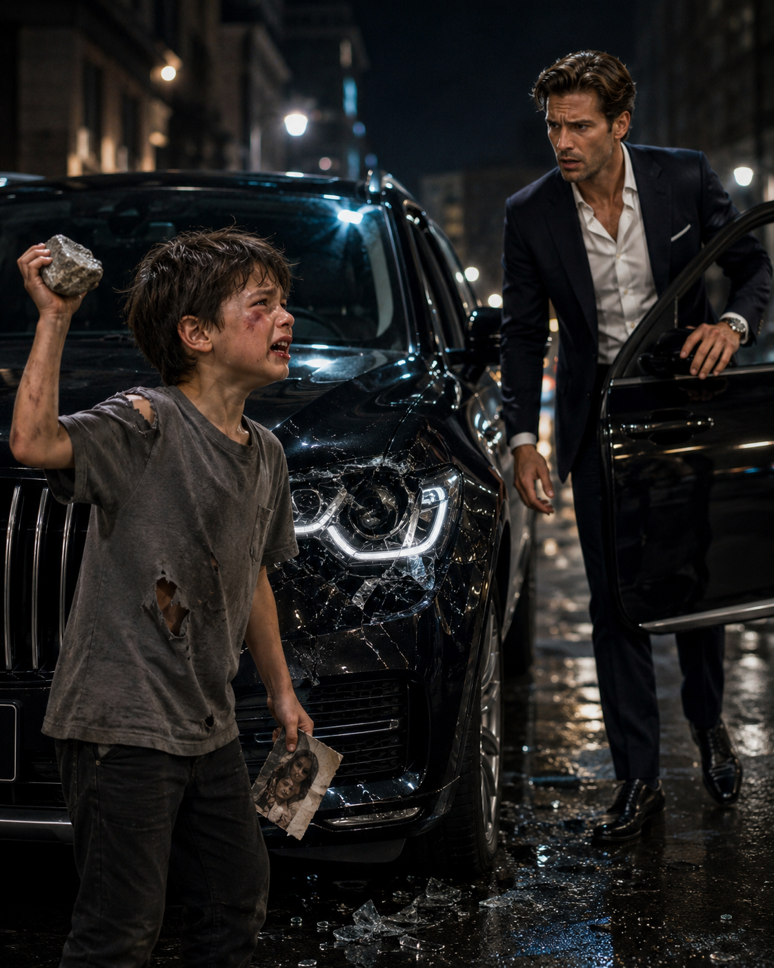 A bruised little boy smashed a billionaire’s SUV headlight and screamed, “You left us—now my mom is dying!”… but the torn photo he pulled from his pocket exposed a seven-year-old lie Adrian never saw coming.