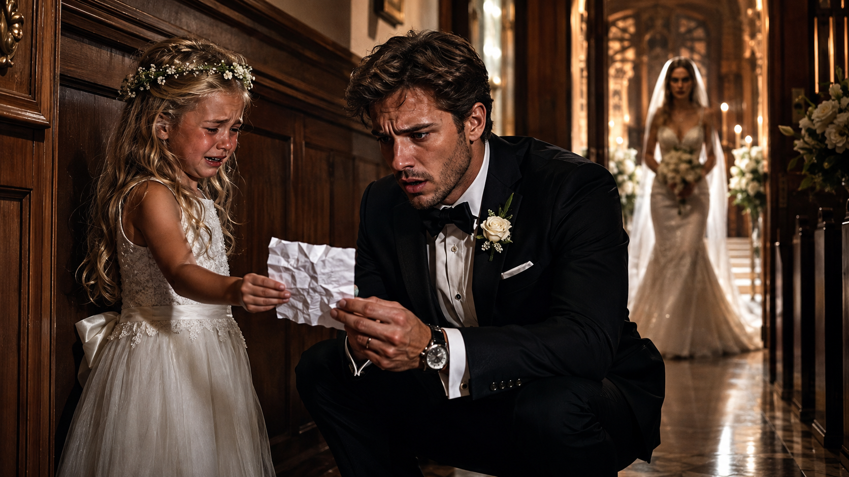 TEN MINUTES BEFORE I SAID “I DO,” MY 7-YEAR-OLD DAUGHTER RAN TO ME SOBBING AND HANDED ME A CRUMPLED NOTE—when I recognized my bride’s handwriting telling Emily she would be SENT AWAY FOREVER after the ceremony, I looked up at the woman walking down the aisle toward me and realized the wedding had just become a trap...