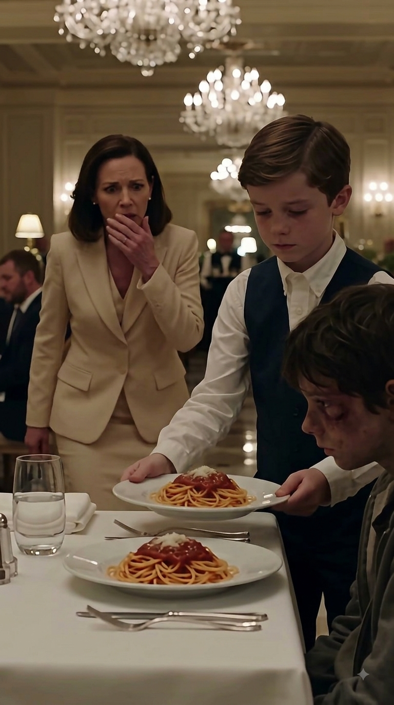 A homeless boy walked into an upscale restaurant with a black eye and one terrifying secret—then the mother learned he had taken the blows meant for her son.