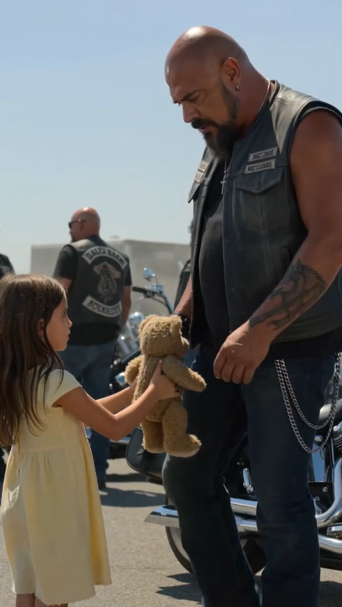 LA NIÑA QUE ENTRÓ LLORANDO EN UN APARCAMIENTO LLENO DE MOTEROS… Y ENTREGÓ UN OSO DE PELUCHE AL HOMBRE QUE TODOS TEMÍAN