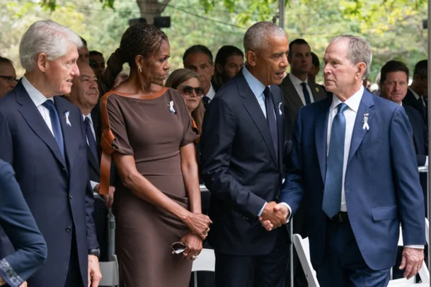 BREAKING: All four living former U.S. presidents — Bill Clinton, George W. Bush, Barack Obama, and Joe Biden — have gathered together at Ground Zero to honor the victims of 9/11.  Donald Trump is the only living president who isn't there.  On the 25th anniversary of September 11th, Clinton, Bush, Obama, and Biden put politics aside and joined the families of victims, survivors, first responders, and other Americans at the site where the Twin Towers once stood.  Think about that image.  Four presidents.  Two Democrats. Two Republicans.  Different generations. Different politics. Different presidencies.  But today, they are standing together because some moments are bigger than politics.  Trump chose to attend a separate ceremony at the Pentagon instead.  There are very few people alive who understand what it means to carry the responsibility of the American presidency.  Today, four of them are together at Ground Zero honoring the nearly 3,000 lives lost 25 years ago.  That is a powerful sight.
