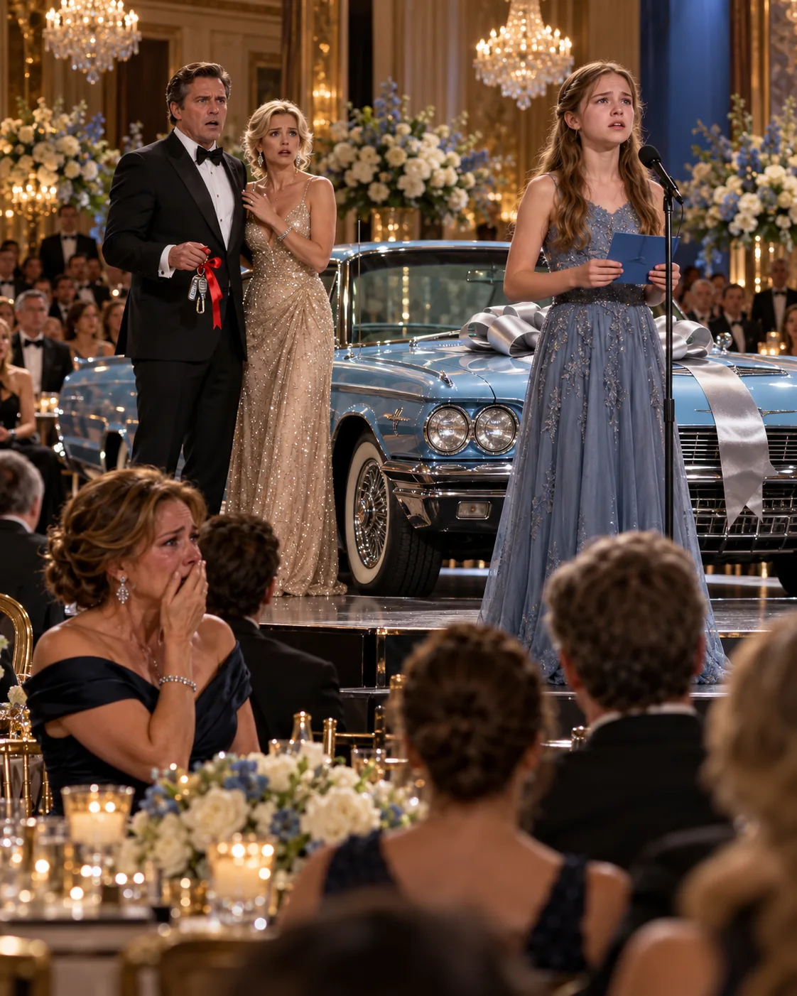 AT MY HUSBAND’S 25TH ANNIVERSARY GALA, HIS MISTRESS WALKED ONSTAGE TO ACCEPT MY DEAD MOTHER’S BLUE THUNDERBIRD—THEN OUR 13-YEAR-OLD DAUGHTER WHISPERED, “MOM, LET HIM GIVE HER THE KEYS.”