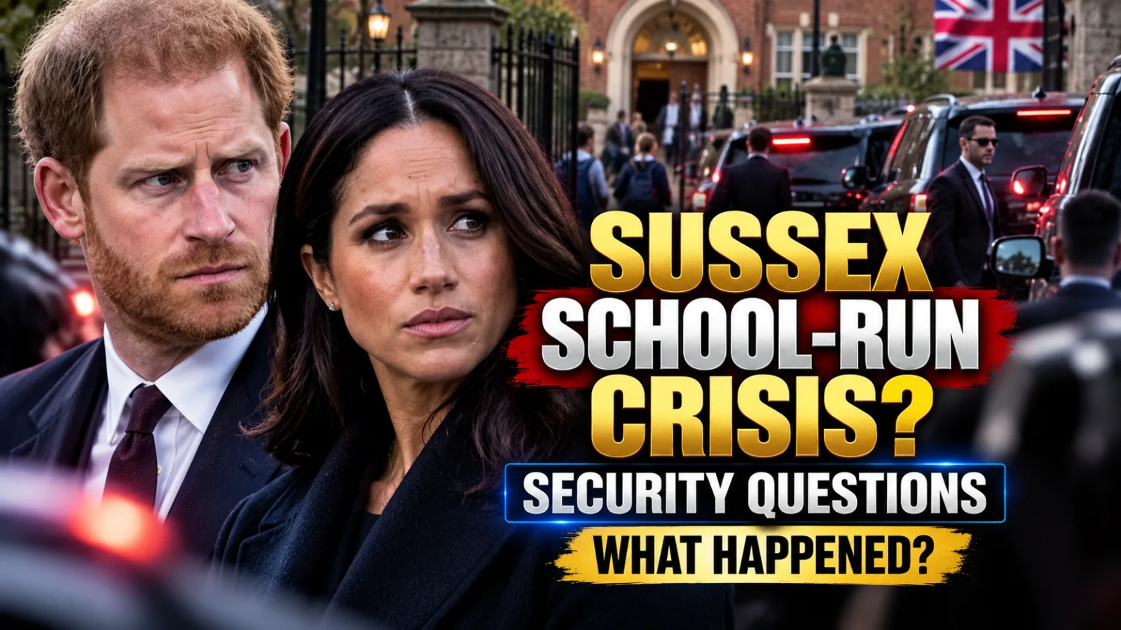 "HARRY & MEGHAN'S 'CONVOY' SCHOOL CRISIS ERUPTS — ARCHIE & LILIBET REPORTEDLY PULLED OUT AFTER TWO DAYS" và '"THEY SENT MY KIDS HOME"'.