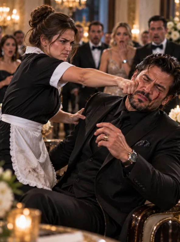 The poor maid punched the mafia boss across the mouth in front of three hundred guests—then pointed at the champagne shattered around his shoes and said, “Don’t drink it.”