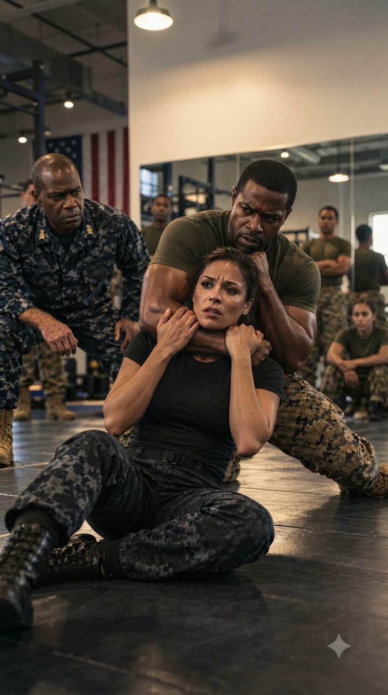 The Marine Instructor Felt Her Tap 3 Times and Kept Choking Her—Then the Master Chief Saw One Name on Her Bag and Said, “Ma’am”