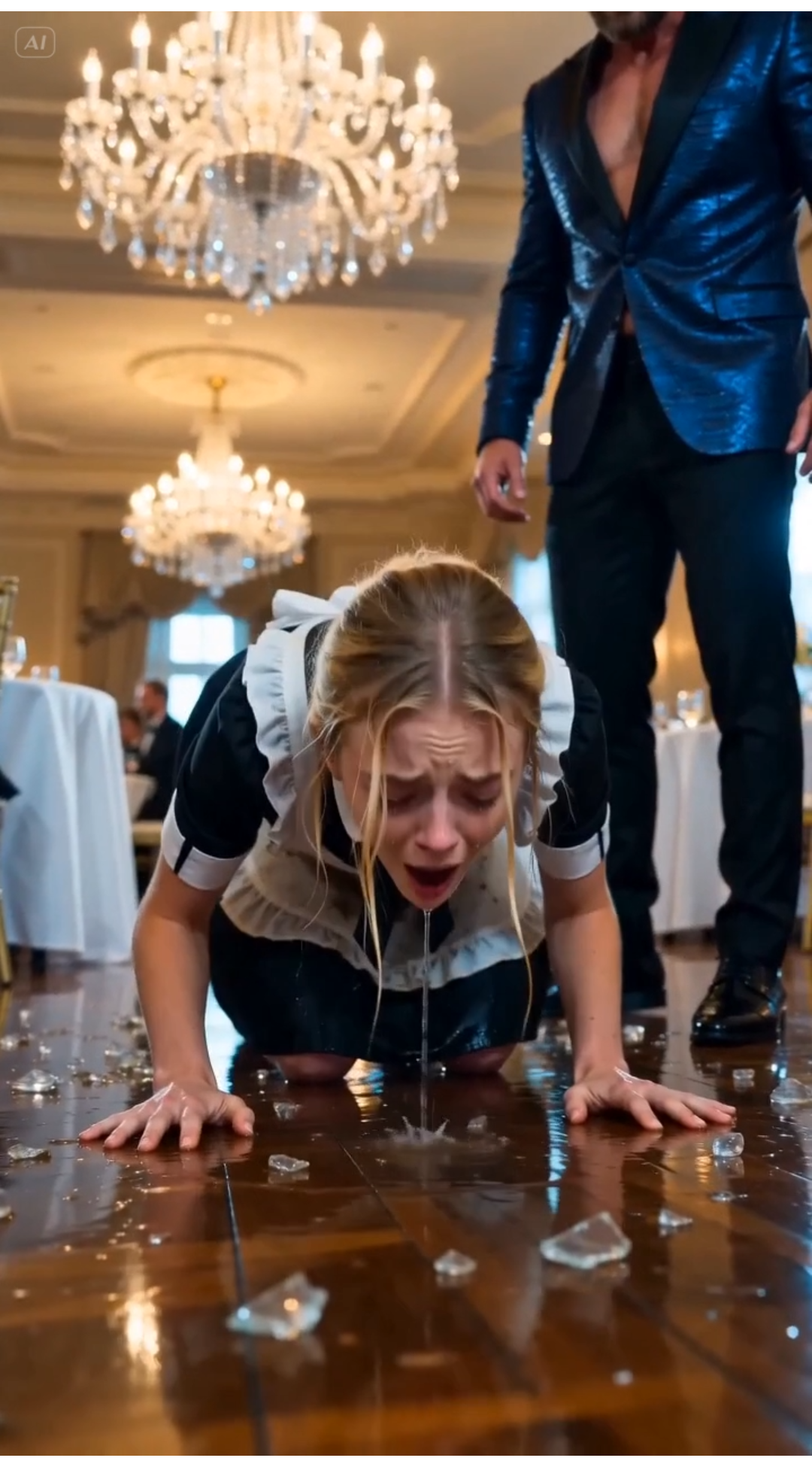 The crystal chandelier overhead shattered the light into a thousand expensive shards, mirroring the sudden explosion of water.