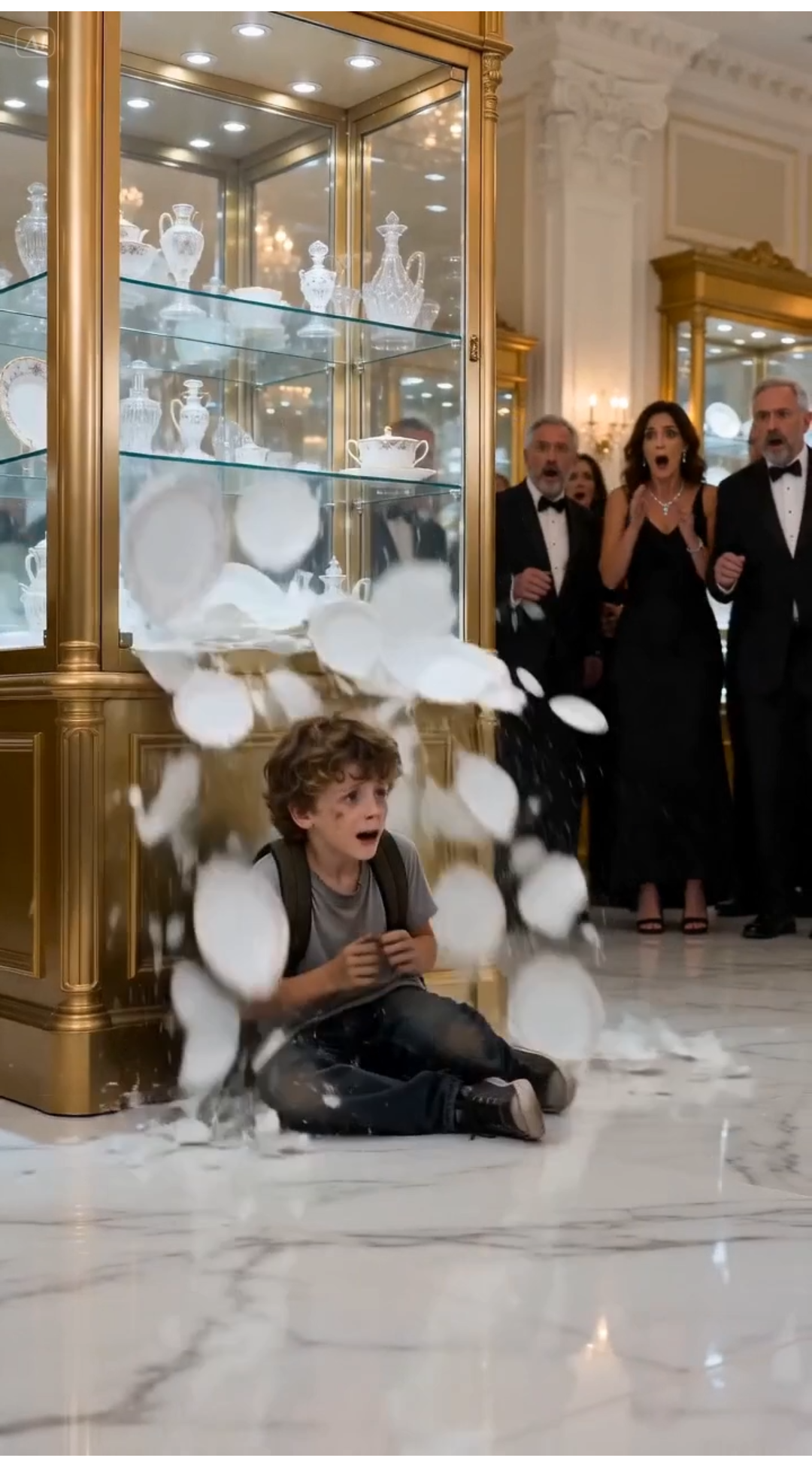 The luxury showroom of Aura & Glass glowed with warm, curated designer light. Endless shelves of hand-blown crystal dishes and imported porcelain sets sparkled like diamonds over a floor of polished white marble. It was a sanctuary for the elite, until disaster exploded in a single, catastrophic second.