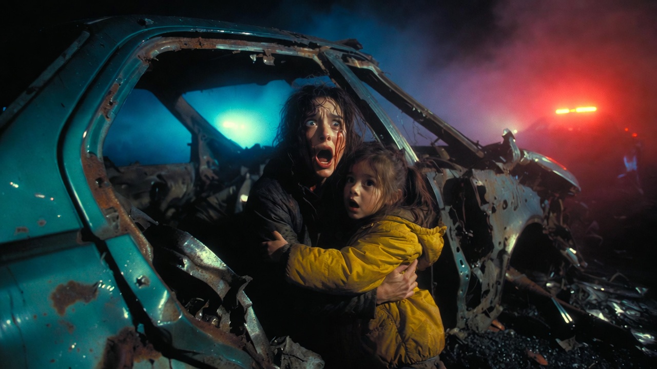 Pressed behind the rusted, jagged frame of a wrecked teal sedan in the freezing dark