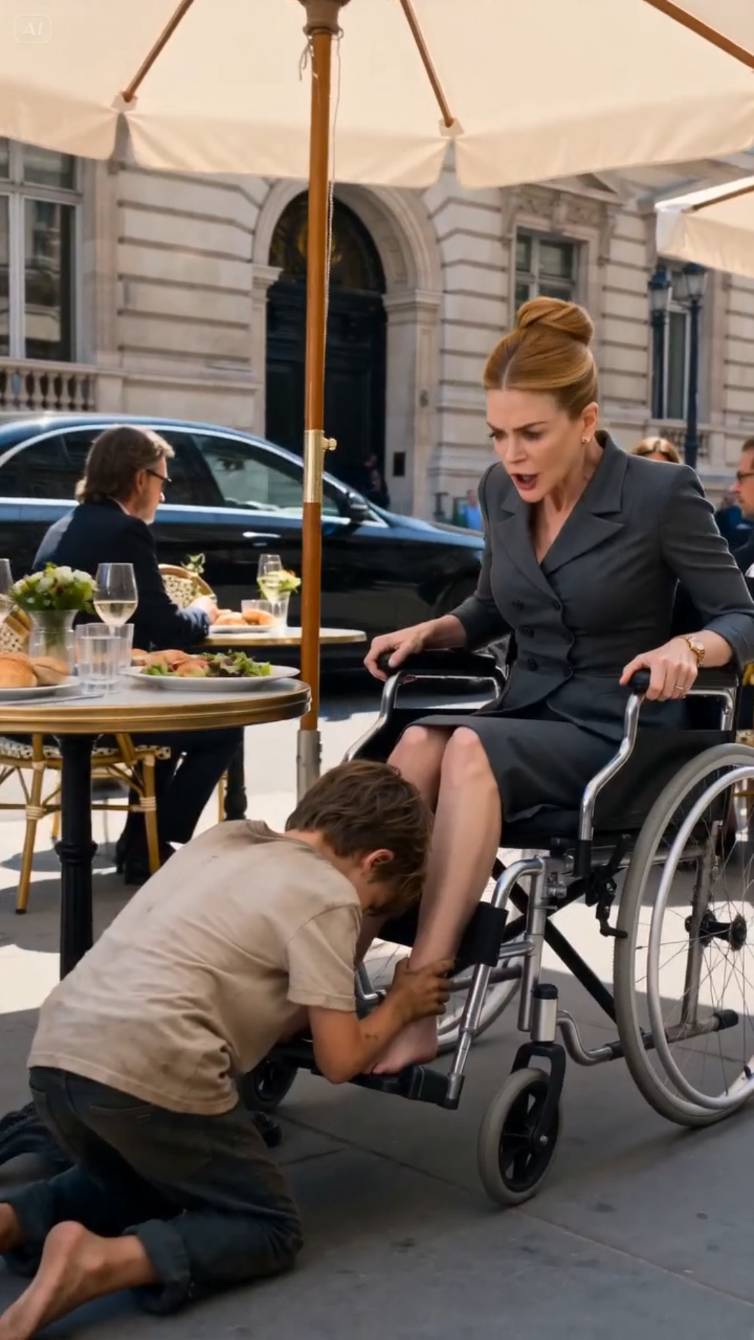 The metal framework of the wheelchair jolted hard against the stone pavement. Nearby, expensive wrought-iron chairs scraped aggressively against the terrace floor, and crystal water glasses rattled in their saucers.