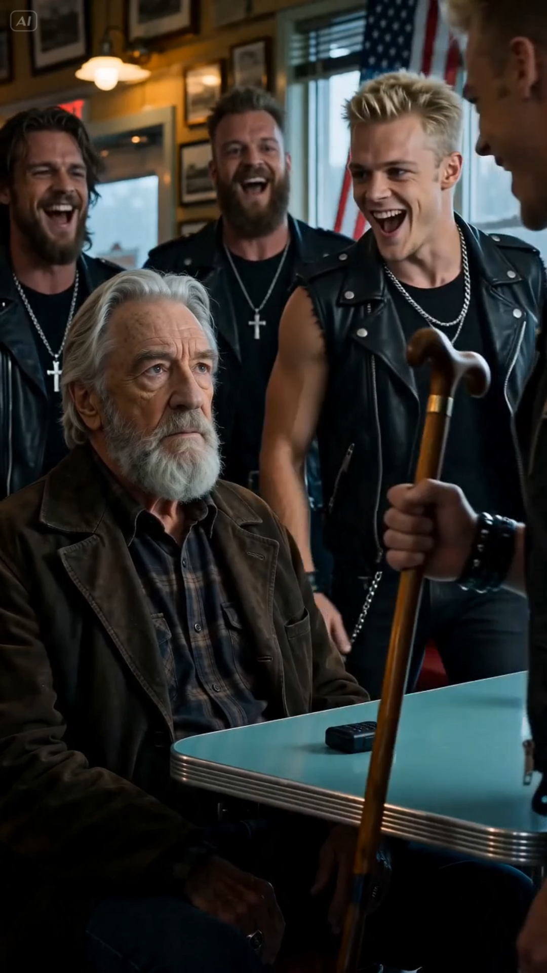 The cane was ripped from his hand with such violent disregard that the old man lurched forward, his chest slamming against the edge of the laminate booth.