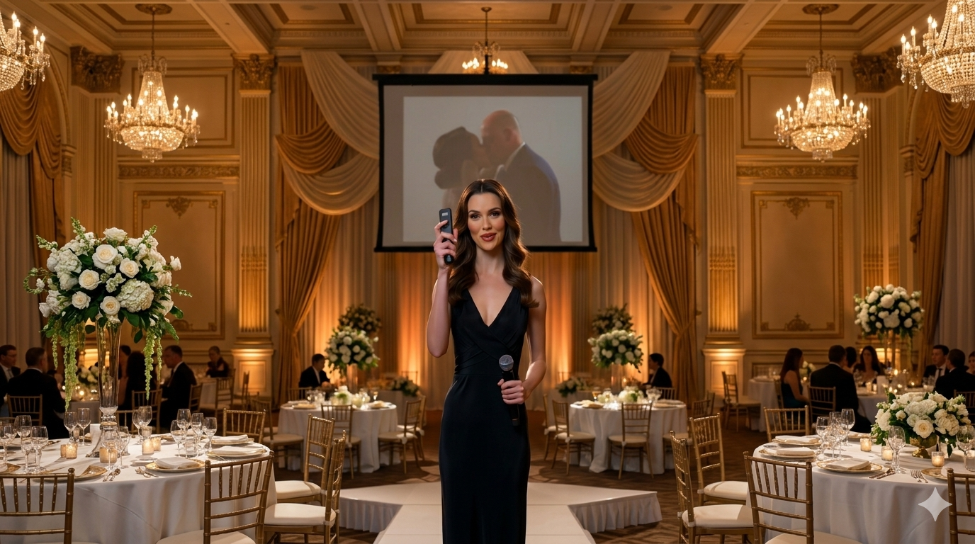 The giant projection screen above the stage was the only thing glowing in the dim ballroom when I arrived