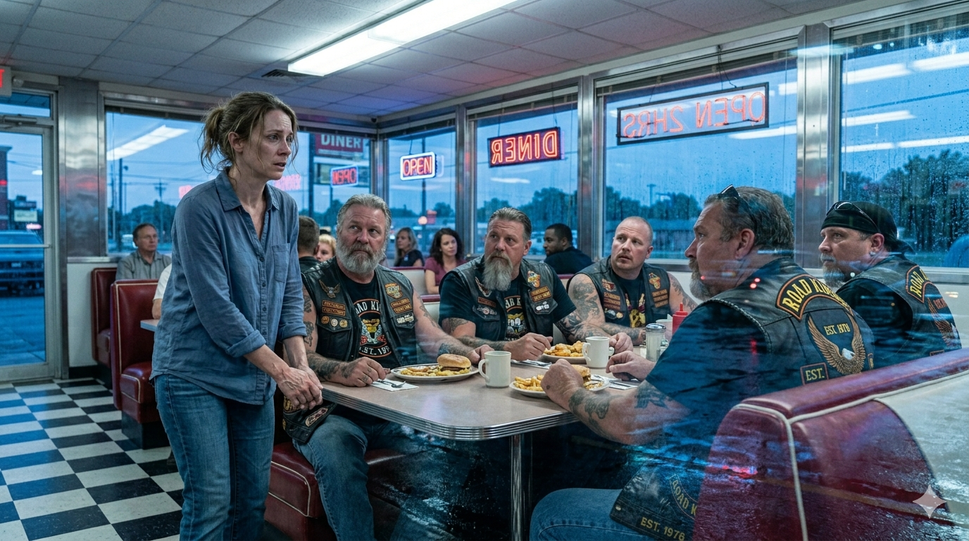 The woman reached the bikers’ table