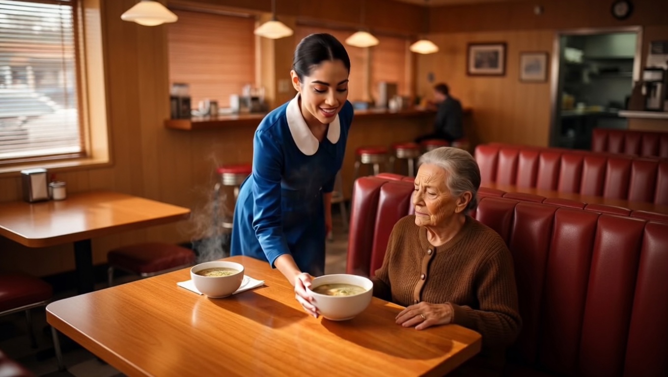The elderly woman didn’t come to the diner for the soup.