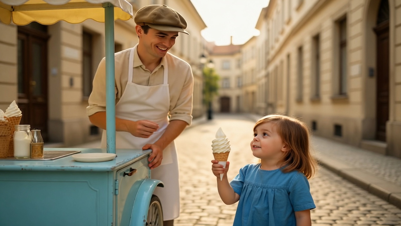 The ice cream vendor forgot the little girl by the next afternoon.  She never forgot him.