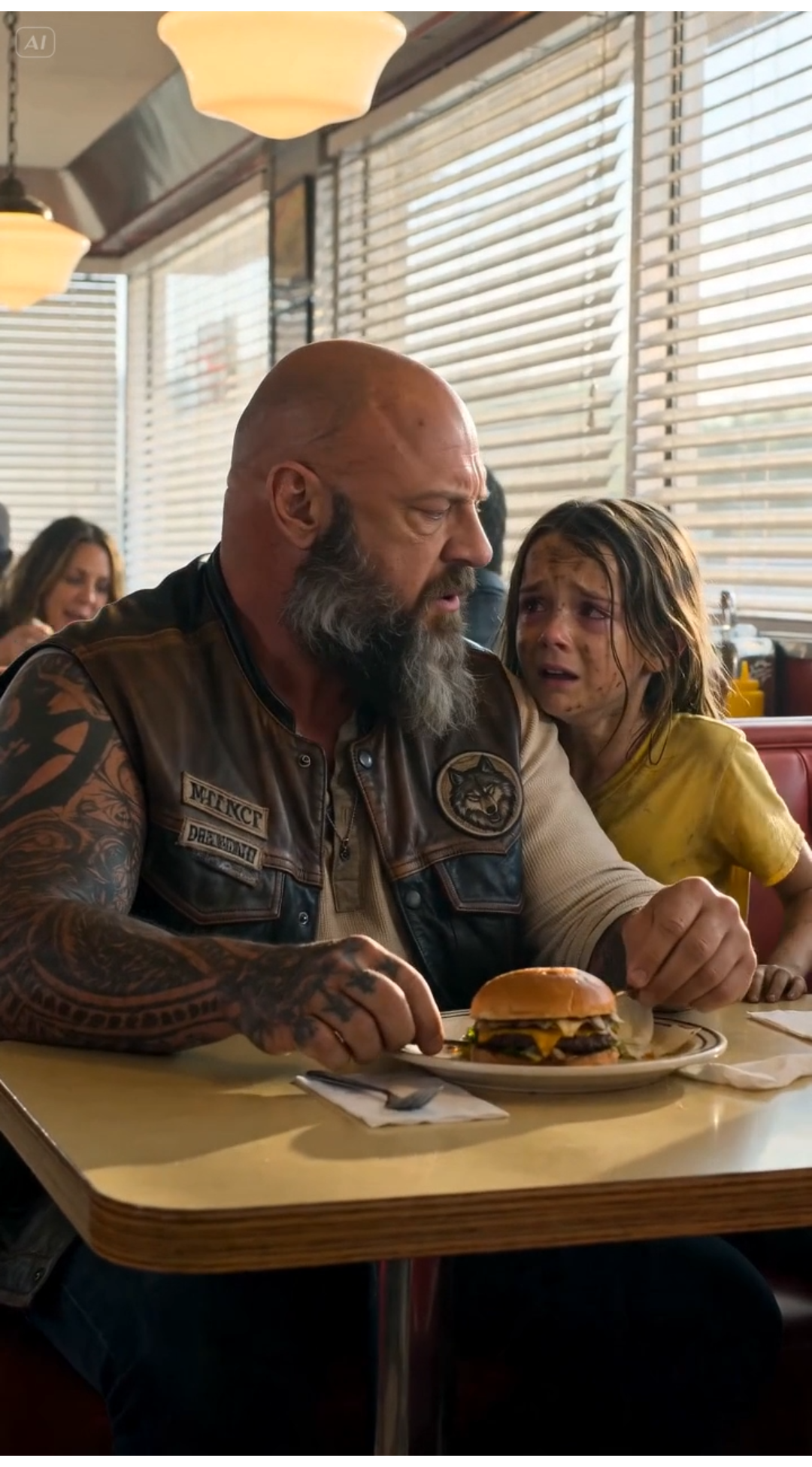 The little girl materialized beside the biker’s booth so quietly, so entirely devoid of sound, that he almost didn’t notice her until her breath hitched right beside his elbow.