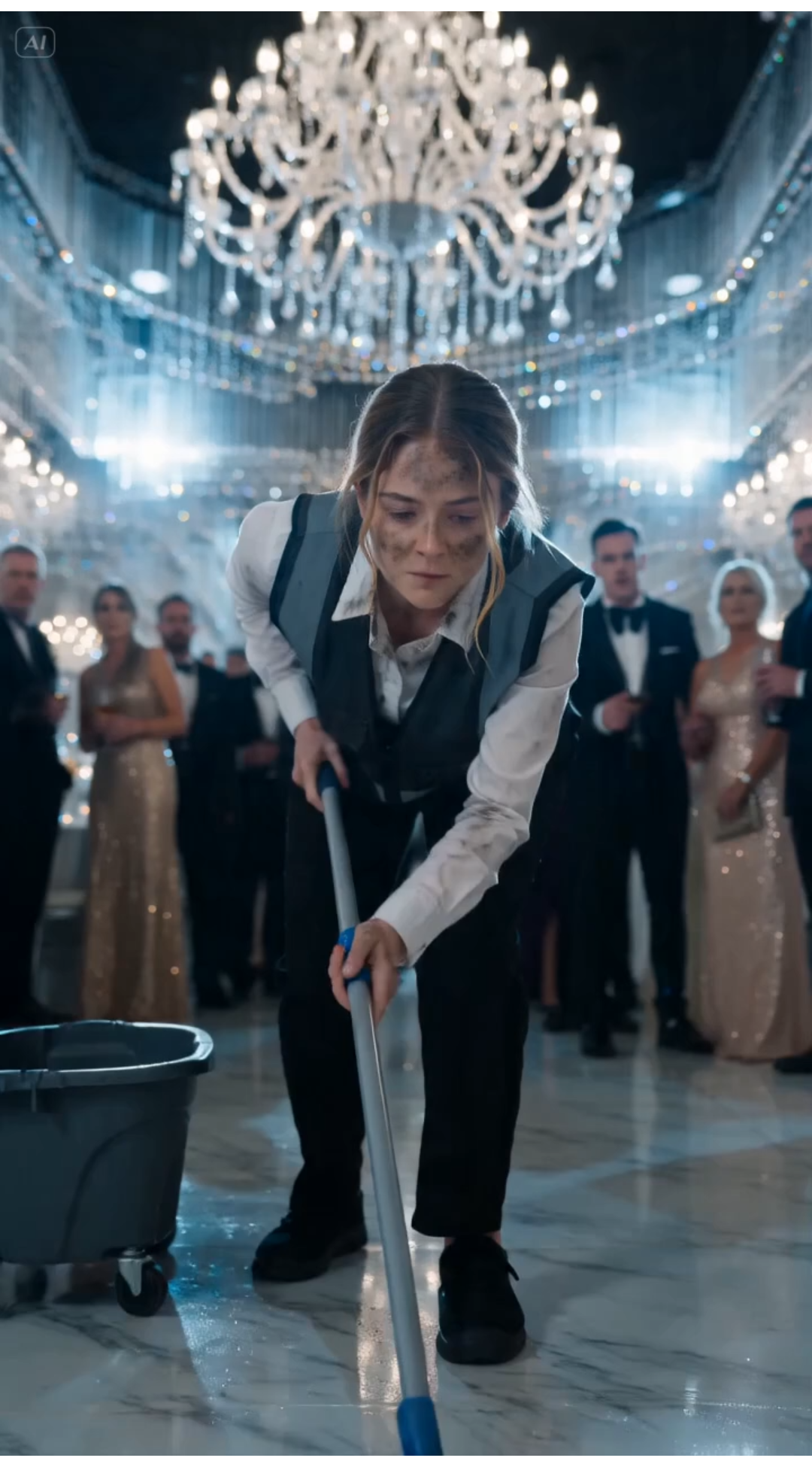 On the White Marble Floor, the Groom Knelt Before the Cleaning Woman — What Her Hidden Authority Exposed Brought the Wedding to a Dead Stop