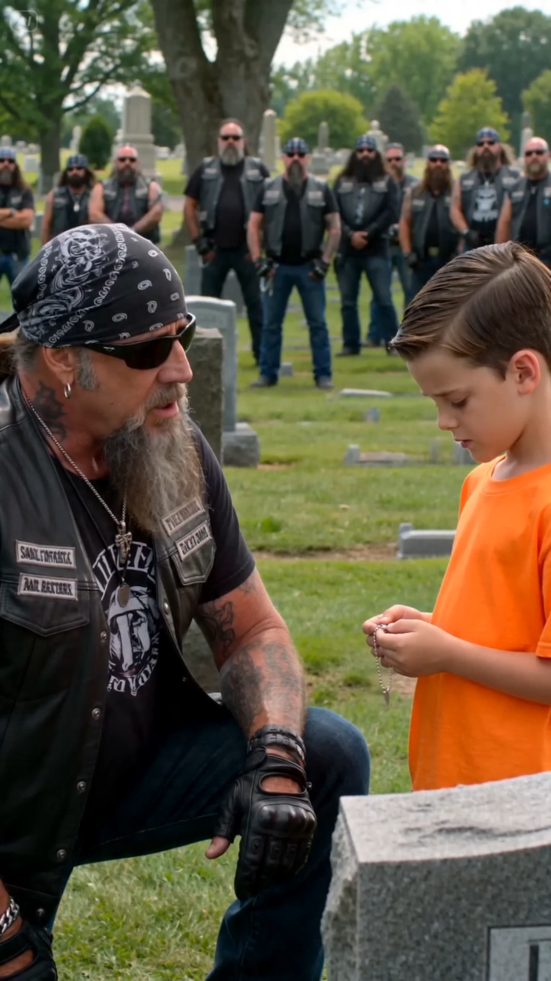 PART 2 : The braided biker reached toward the necklace, his hand hovering in hesitation. The boy fumbled with the beads, finally locating the microscopic, hidden metal clasp tucked beneath them. Several bikers surged forward in a defensive rhythm, and the older man’s voice cracked as he breathed a desperate, “No…”.
