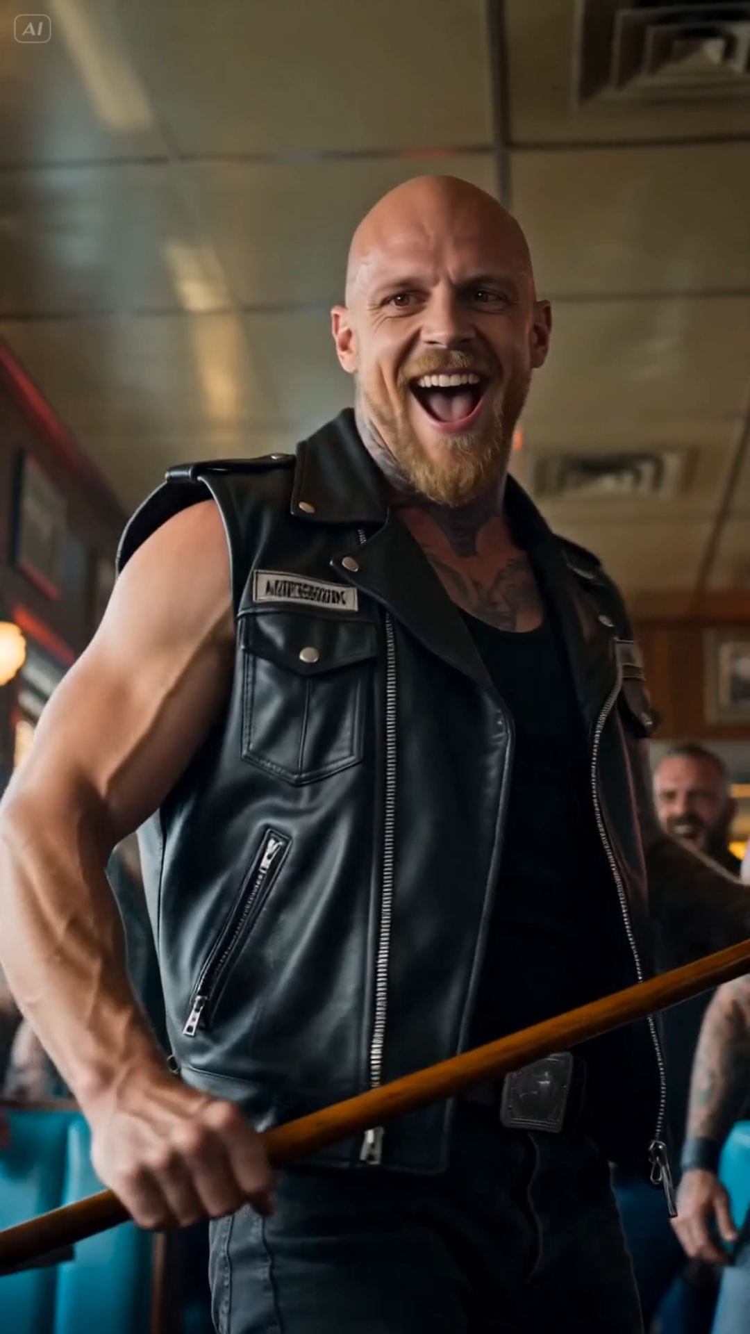 PART 2: The entire diner froze, and the biker who had stolen the cane suddenly realized the air had become very, very thin. The man in the coat ignored the bikers entirely, walking past them as if they were nothing more than debris on the road. He marched straight to the booth in the back, where he lowered his head in a gesture of profound, instinctive reverence.