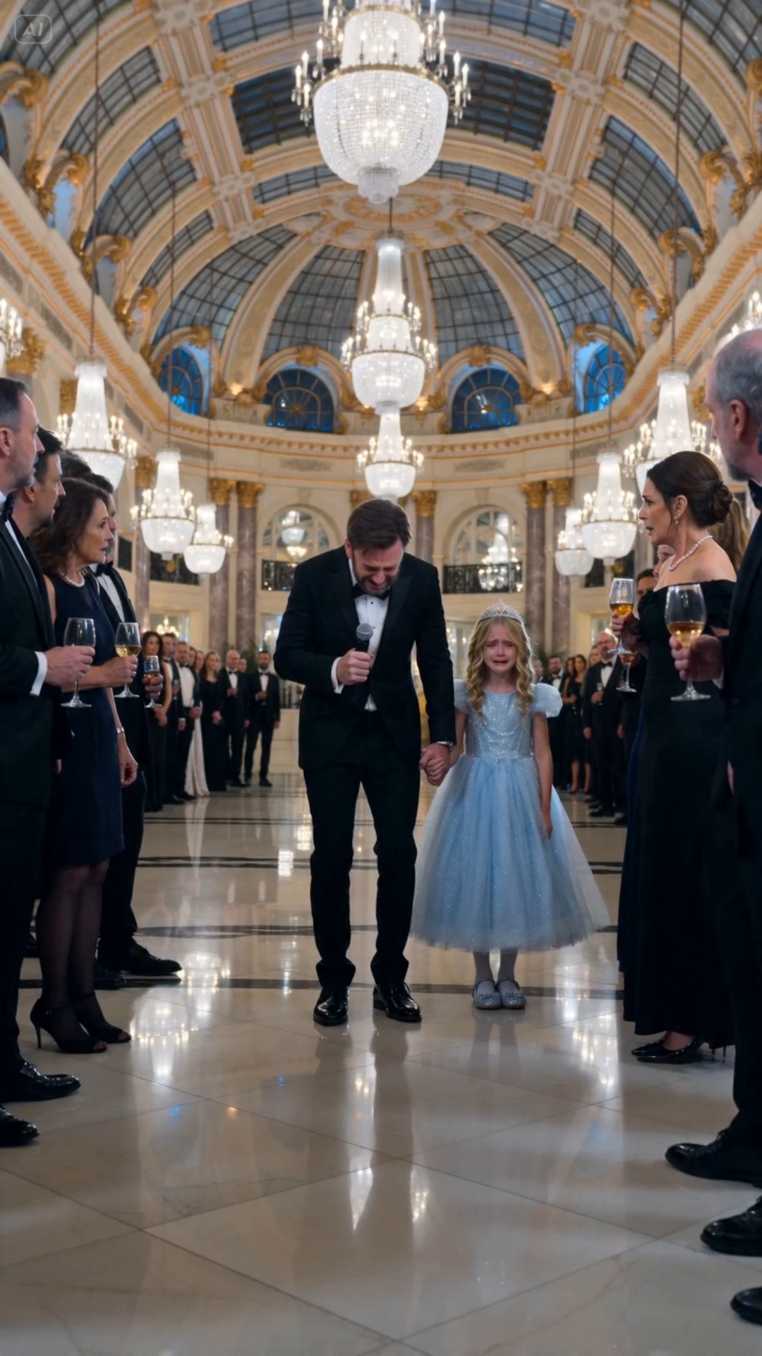 The golden light from dozens of chandeliers spilled across the polished marble floors of the Harrington mansion, sparkling like fragments of distant galaxies.